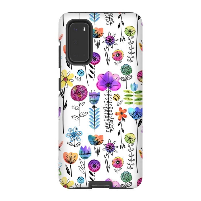 Galaxy S20 StrongFit Bright Watercolor and Line Art Flowers by Noonday Design