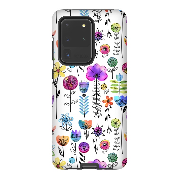 Galaxy S20 Ultra StrongFit Bright Watercolor and Line Art Flowers by Noonday Design