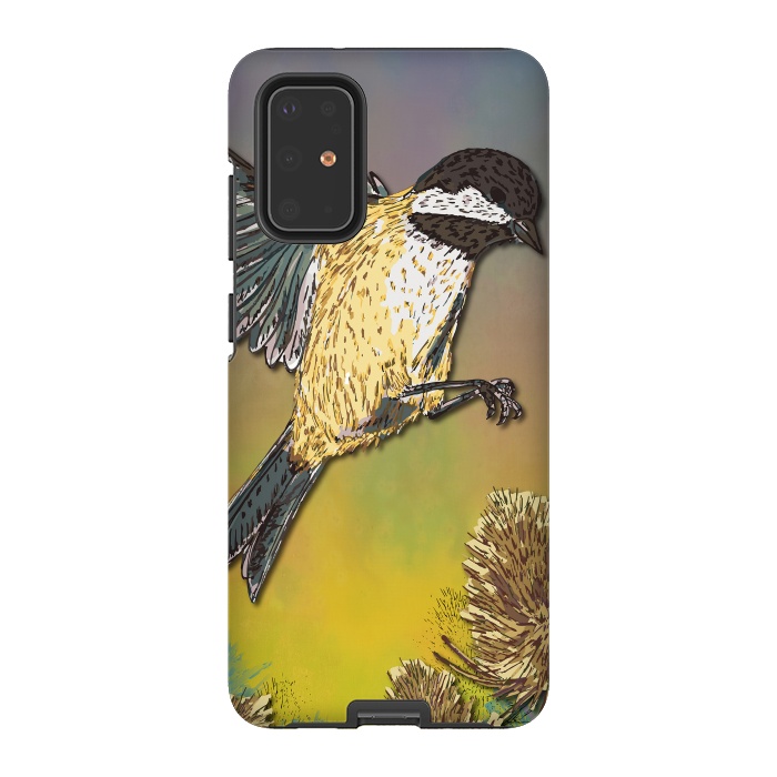 Galaxy S20 Plus StrongFit Coal Tit and Teasels by Lotti Brown