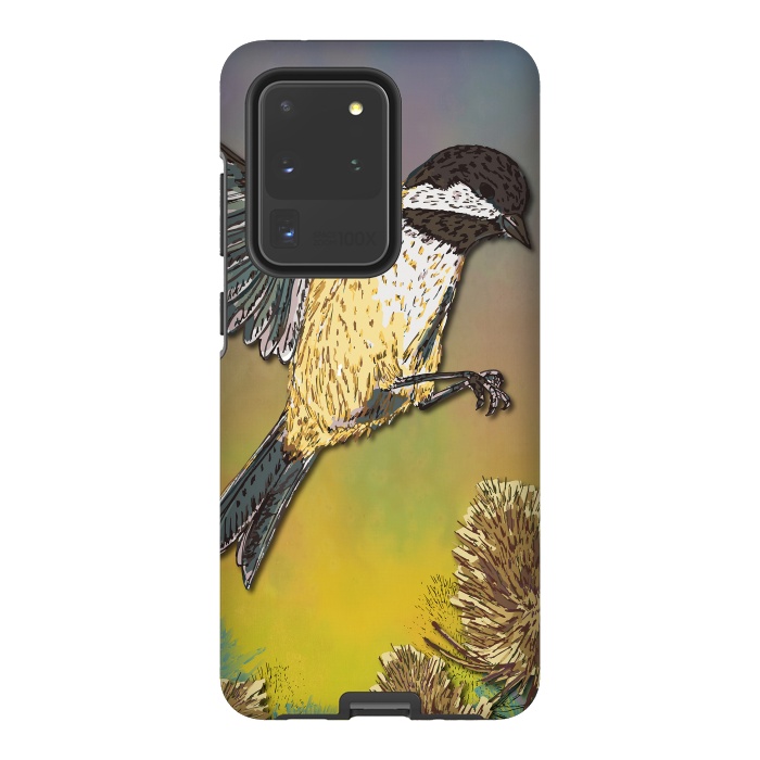 Galaxy S20 Ultra StrongFit Coal Tit and Teasels by Lotti Brown
