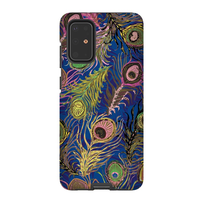 Galaxy S20 Plus StrongFit Peacock Feathers in Bold Blue by Lotti Brown