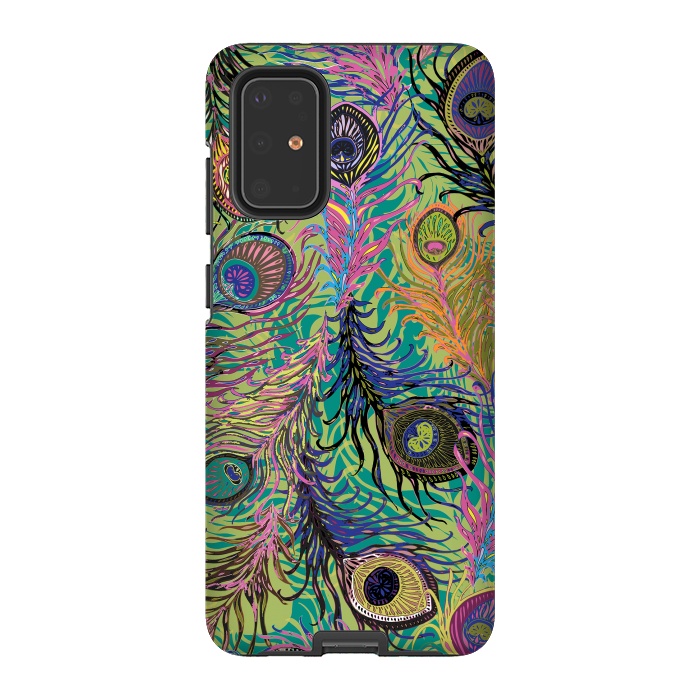 Galaxy S20 Plus StrongFit Peacock Feathers in Lime Green & Pink by Lotti Brown