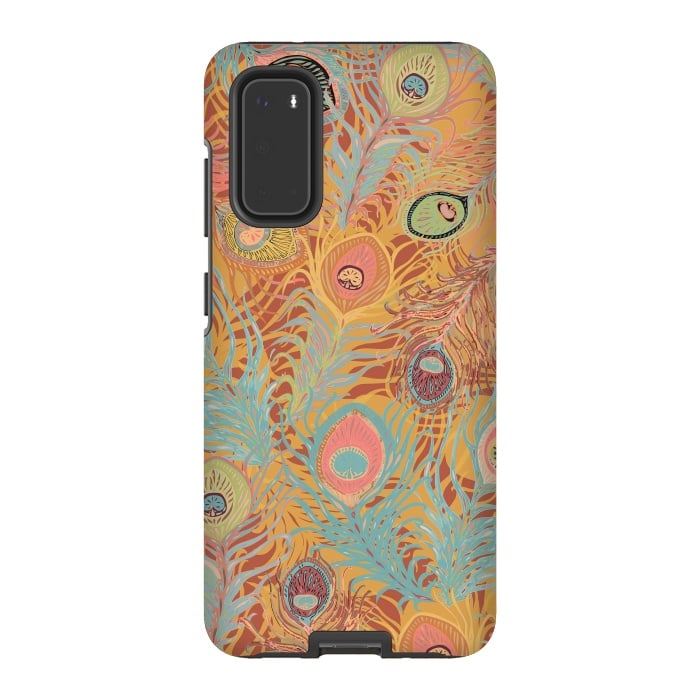 Galaxy S20 StrongFit Peacock Feathers - Soft Coral by Lotti Brown