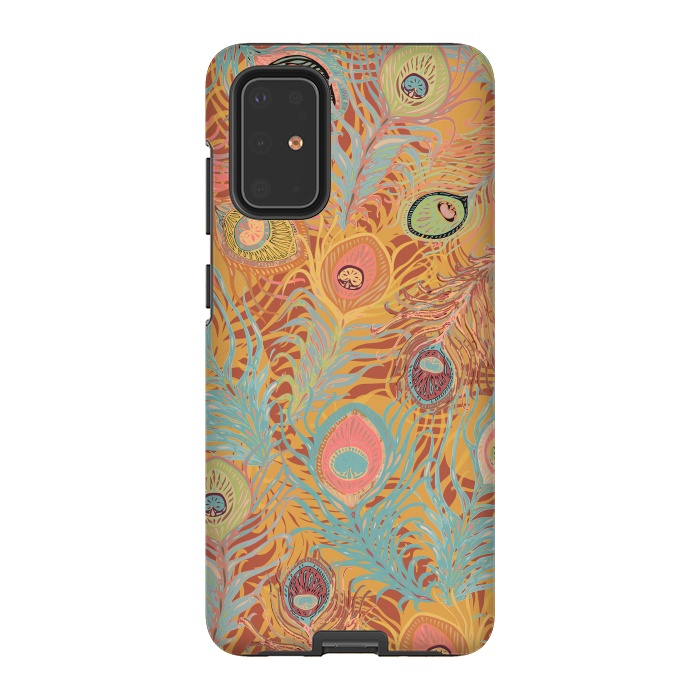 Galaxy S20 Plus StrongFit Peacock Feathers - Soft Coral by Lotti Brown