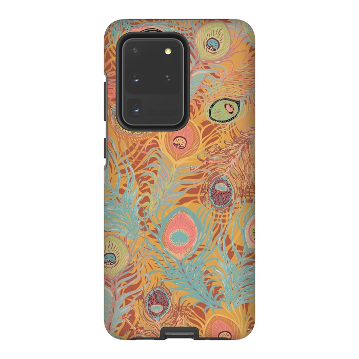Galaxy S20 Ultra StrongFit Peacock Feathers - Soft Coral by Lotti Brown