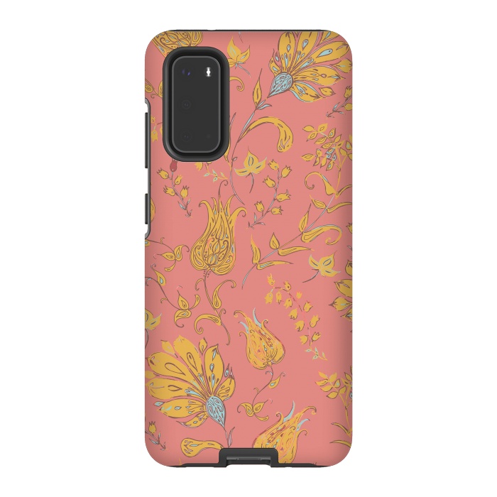 Galaxy S20 StrongFit Paradise Floral - Coral & Yellow by Lotti Brown