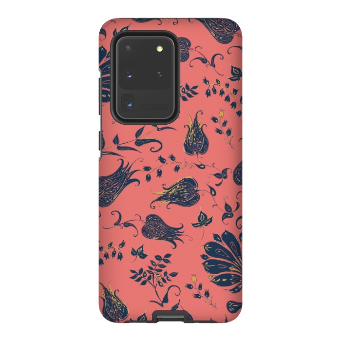 Galaxy S20 Ultra StrongFit Paradise Florals - Coral & Blue by Lotti Brown