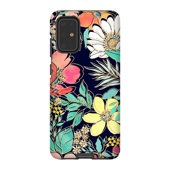Galaxy S20 Plus StrongFit Cute girly pink floral golden strokes design by InovArts