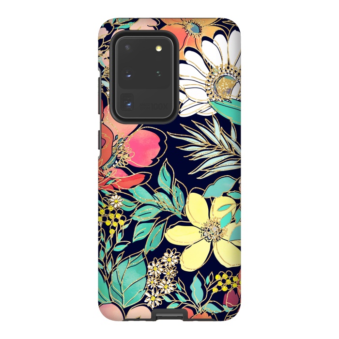 Galaxy S20 Ultra StrongFit Cute girly pink floral golden strokes design by InovArts