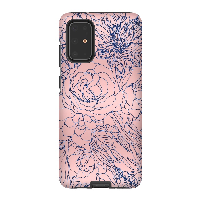 Galaxy S20 Plus StrongFit Stylish Metallic Navy Blue and Pink Floral Design by InovArts