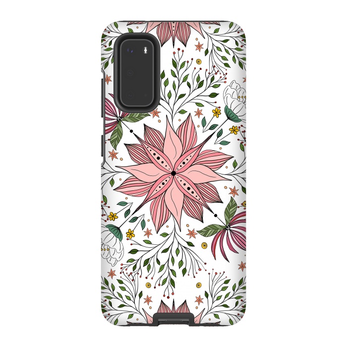 Galaxy S20 StrongFit Cute Vintage Pink Floral Doodles Tile Art by InovArts