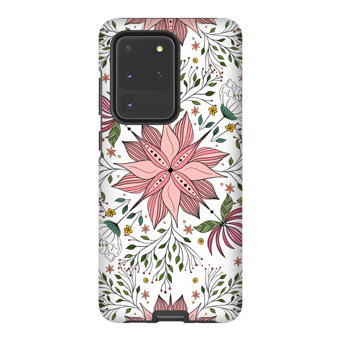 Galaxy S20 Ultra StrongFit Cute Vintage Pink Floral Doodles Tile Art by InovArts