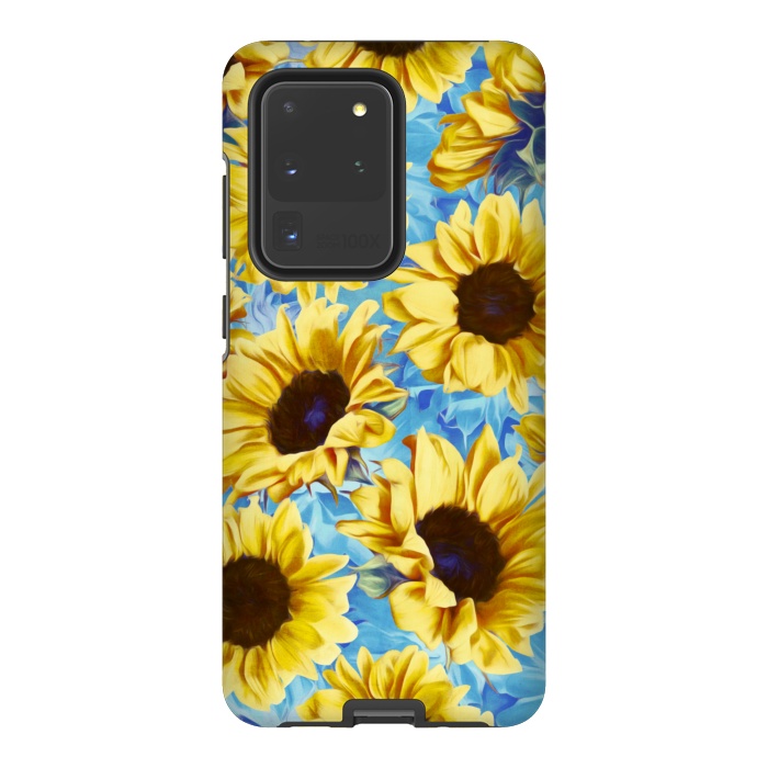 Galaxy S20 Ultra StrongFit Dreamy Sunflowers on Blue por Micklyn Le Feuvre