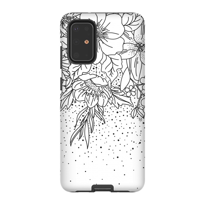 Galaxy S20 Plus StrongFit Cute Black White floral doodles and confetti design by InovArts