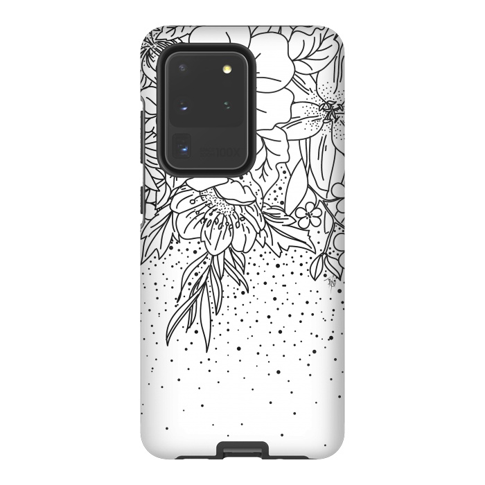 Galaxy S20 Ultra StrongFit Cute Black White floral doodles and confetti design by InovArts