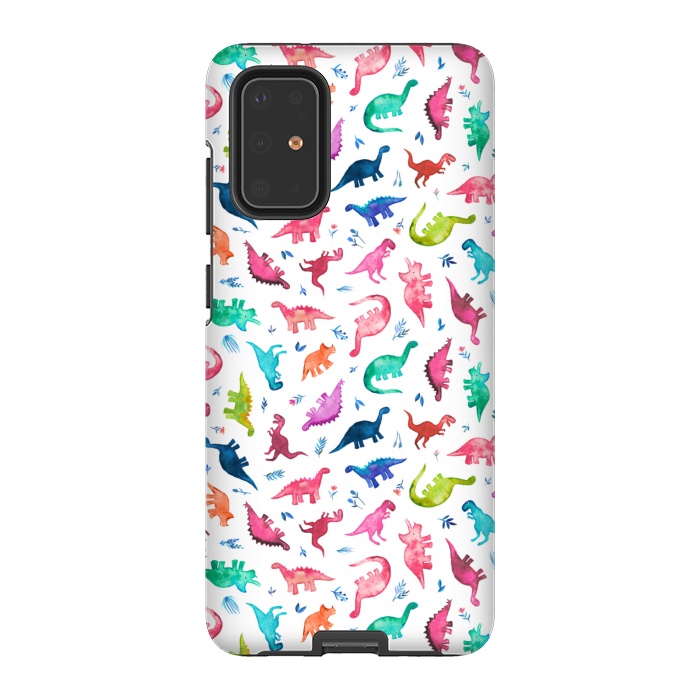 Galaxy S20 Plus StrongFit Tiny Ditsy Watercolor Dinosaurs in Rainbow Colors by Micklyn Le Feuvre