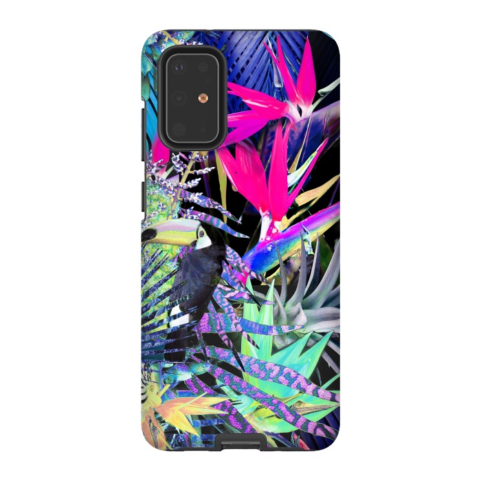 Galaxy S20 Plus StrongFit Colorful neon toucan and strelitzia jungle pattern by Oana 