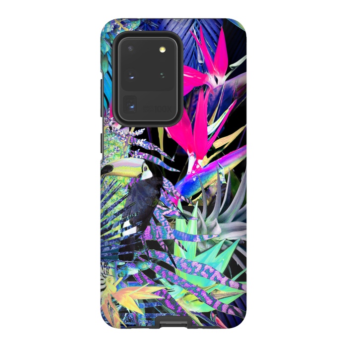 Galaxy S20 Ultra StrongFit Colorful neon toucan and strelitzia jungle pattern by Oana 