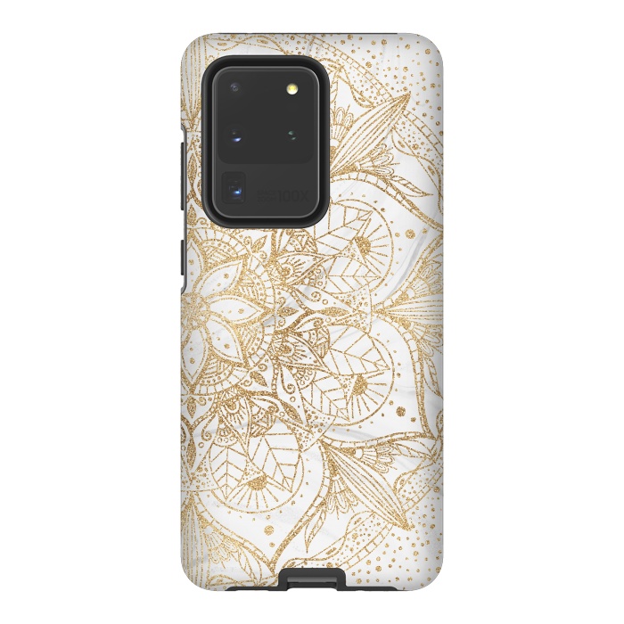 Galaxy S20 Ultra StrongFit Trendy Gold Floral Mandala Marble Design by InovArts
