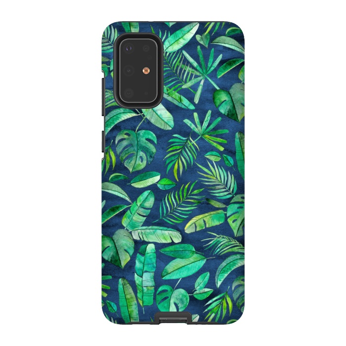 Galaxy S20 Plus StrongFit Emerald Tropical Leaf Scatter on textured Navy Blue by Micklyn Le Feuvre
