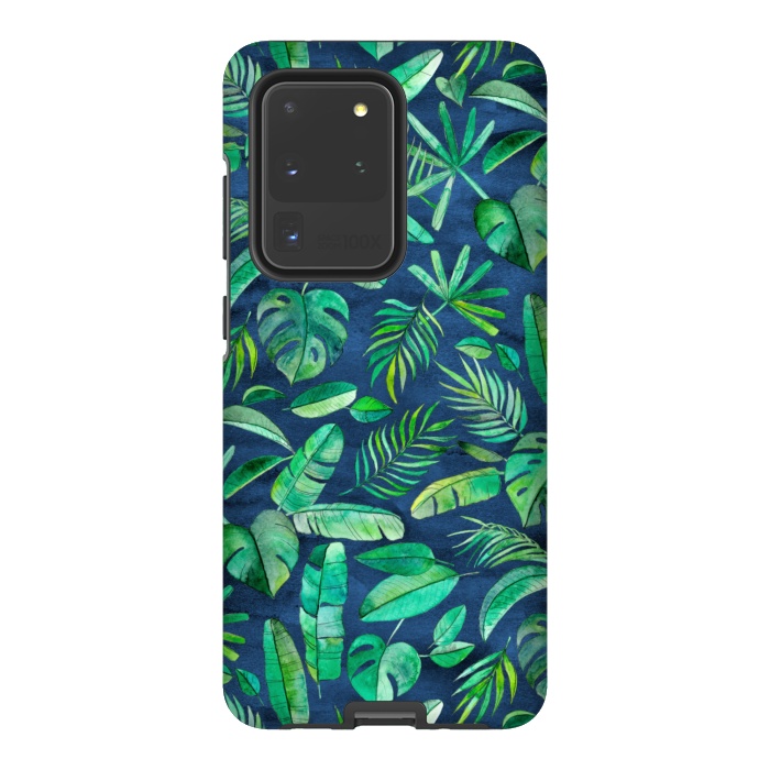 Galaxy S20 Ultra StrongFit Emerald Tropical Leaf Scatter on textured Navy Blue by Micklyn Le Feuvre