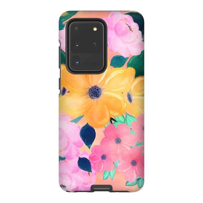 Galaxy S20 Ultra StrongFit Trendy Pink Peonies Yellow Sunflowers Watercolor paint by InovArts