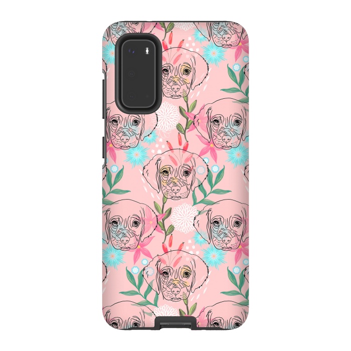 Galaxy S20 StrongFit Cute Puppy Dog and Flowers Pink Creative Art by InovArts