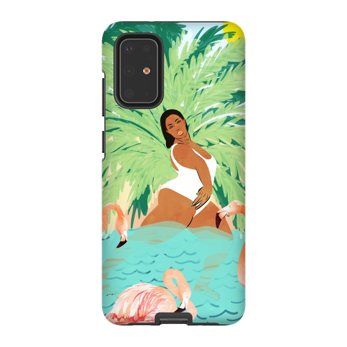 Galaxy S20 Plus StrongFit Tropical Summer Water Yoga with Palm & Flamingos | Woman of Color Black Woman Body Positivity by Uma Prabhakar Gokhale