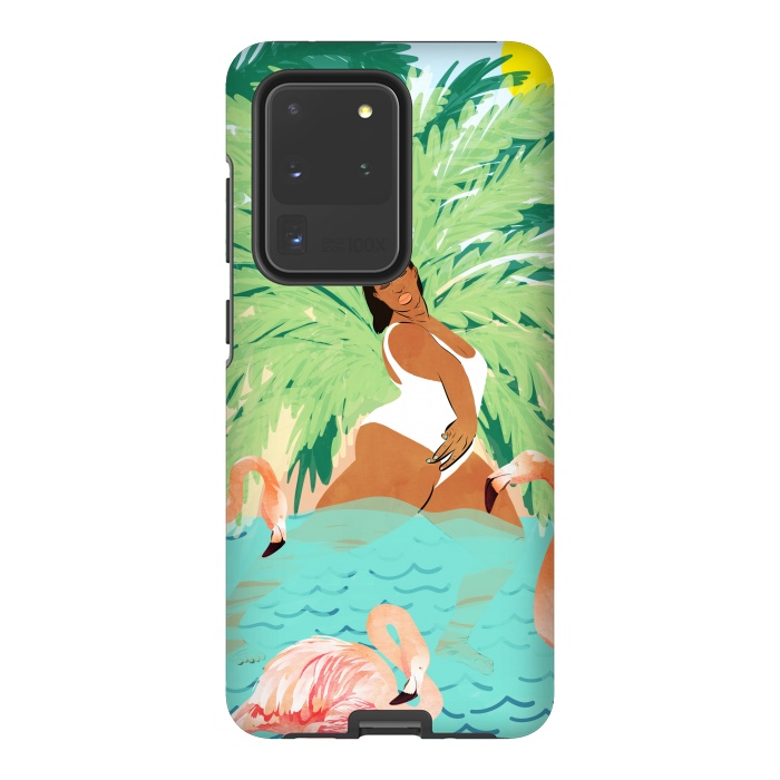 Galaxy S20 Ultra StrongFit Tropical Summer Water Yoga with Palm & Flamingos | Woman of Color Black Woman Body Positivity by Uma Prabhakar Gokhale