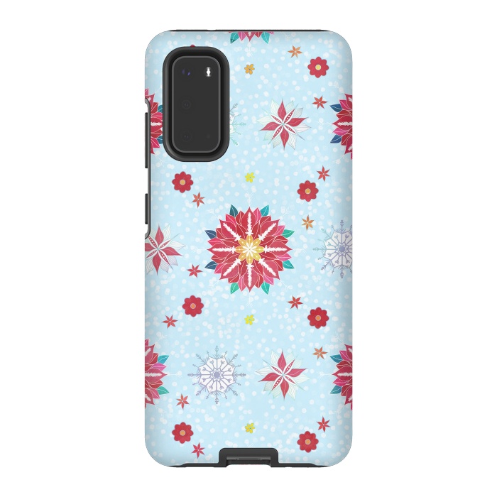 Galaxy S20 StrongFit Trendy Winter Red Poinsettias White Snowflakes Pattern by InovArts
