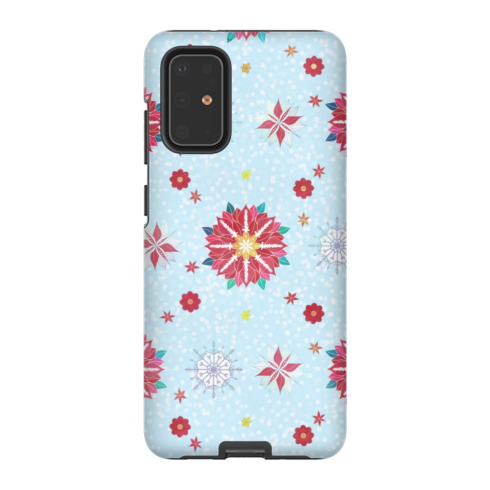 Galaxy S20 Plus StrongFit Trendy Winter Red Poinsettias White Snowflakes Pattern by InovArts