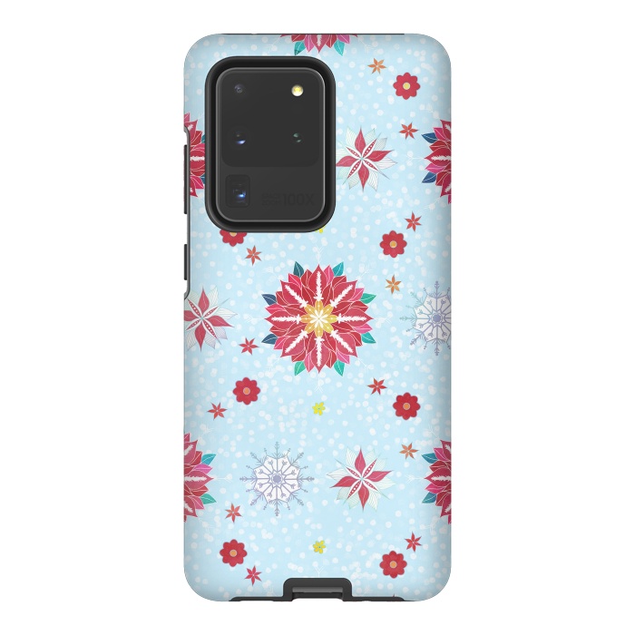 Galaxy S20 Ultra StrongFit Trendy Winter Red Poinsettias White Snowflakes Pattern by InovArts