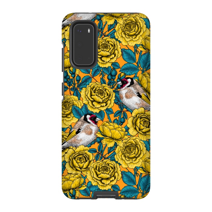 Galaxy S20 StrongFit Rose flowers and goldfinch birds by Katerina Kirilova