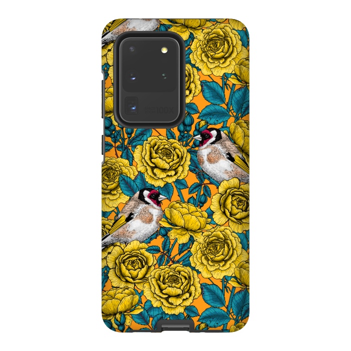 Galaxy S20 Ultra StrongFit Rose flowers and goldfinch birds by Katerina Kirilova