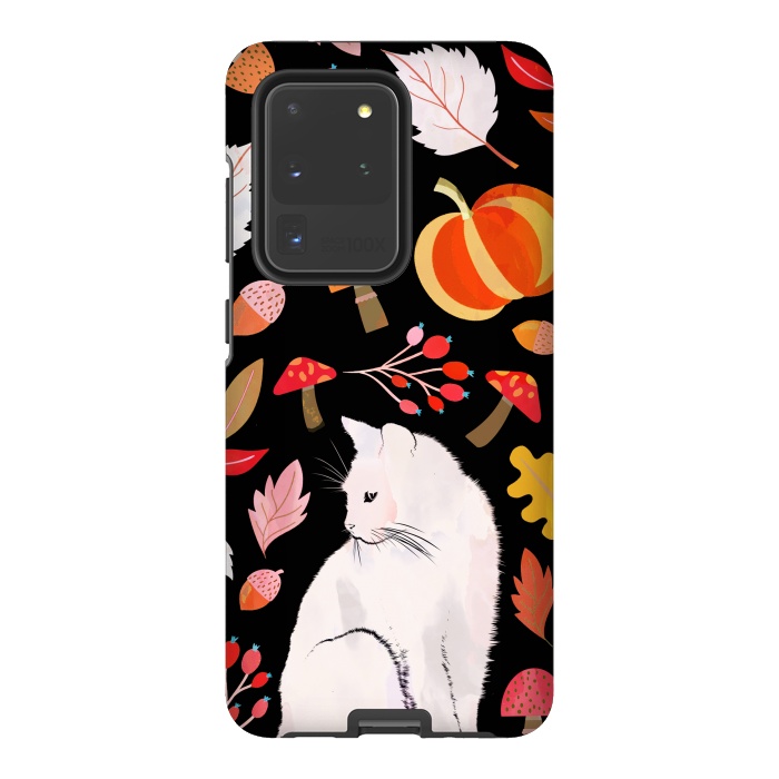 Galaxy S20 Ultra StrongFit Autumn nature pattern with white cat by Oana 