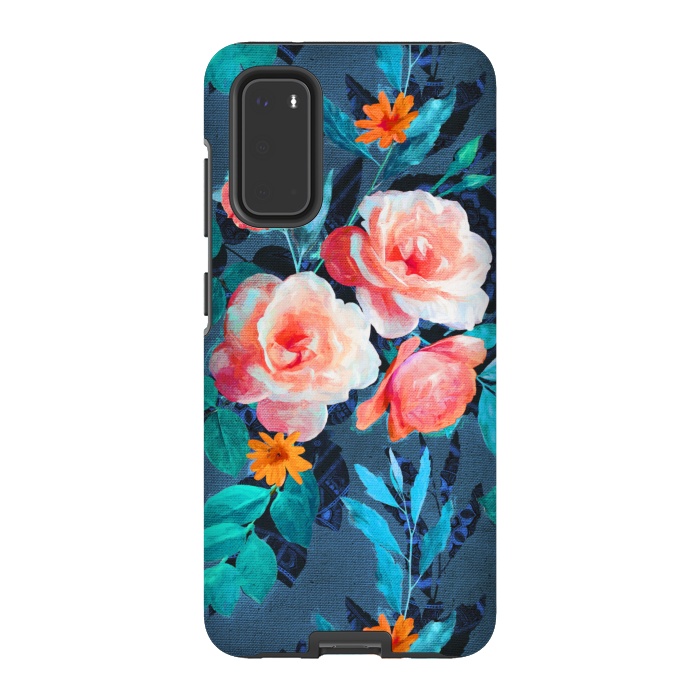 Galaxy S20 StrongFit Retro Rose Chintz in Radiant Coral on Blue by Micklyn Le Feuvre