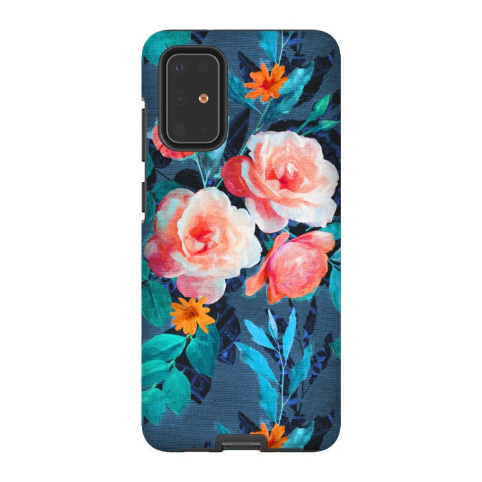 Galaxy S20 Plus StrongFit Retro Rose Chintz in Radiant Coral on Blue by Micklyn Le Feuvre