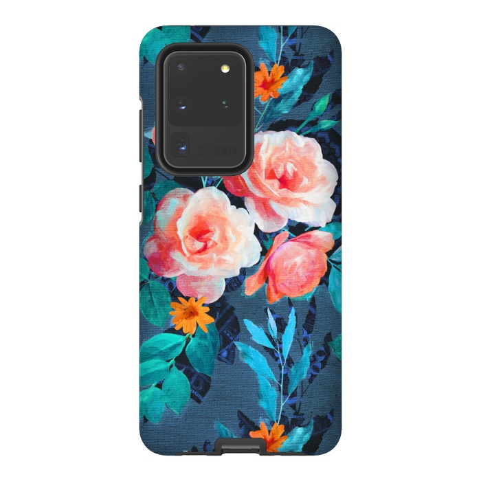 Galaxy S20 Ultra StrongFit Retro Rose Chintz in Radiant Coral on Blue by Micklyn Le Feuvre