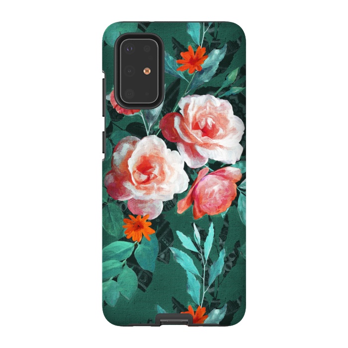 Galaxy S20 Plus StrongFit Retro Rose Chintz in Melon Pink on Dark Emerald Green by Micklyn Le Feuvre