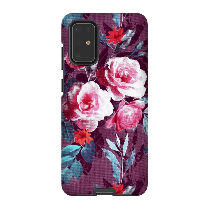 Galaxy S20 Plus StrongFit Retro Rose Chintz in Magenta and Plum by Micklyn Le Feuvre