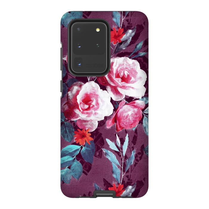 Galaxy S20 Ultra StrongFit Retro Rose Chintz in Magenta and Plum by Micklyn Le Feuvre