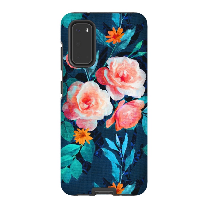 Galaxy S20 StrongFit Retro Rose Chintz in Bright Coral and Peach on Indigo Blue by Micklyn Le Feuvre