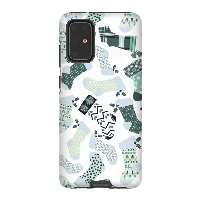Galaxy S20 Plus StrongFit Christmas Stockings in Green and White by Paula Ohreen