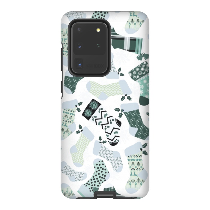 Galaxy S20 Ultra StrongFit Christmas Stockings in Green and White by Paula Ohreen
