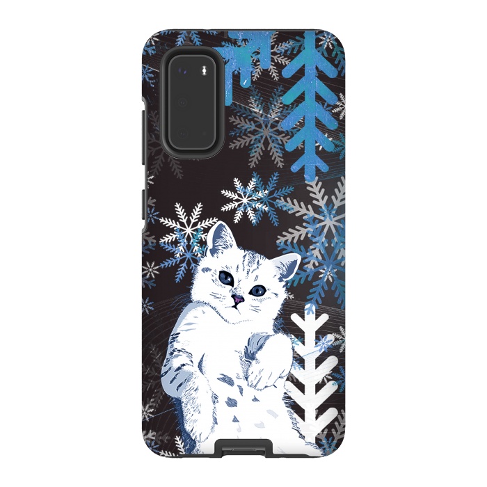 Galaxy S20 StrongFit Cute kitty with blue metallic snowflakes by Oana 