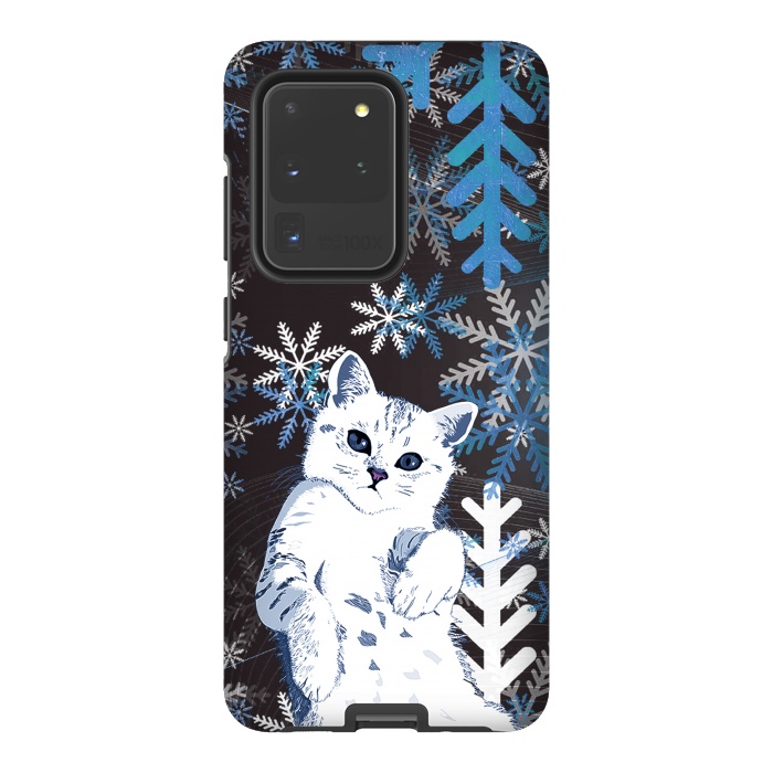 Galaxy S20 Ultra StrongFit Cute kitty with blue metallic snowflakes by Oana 