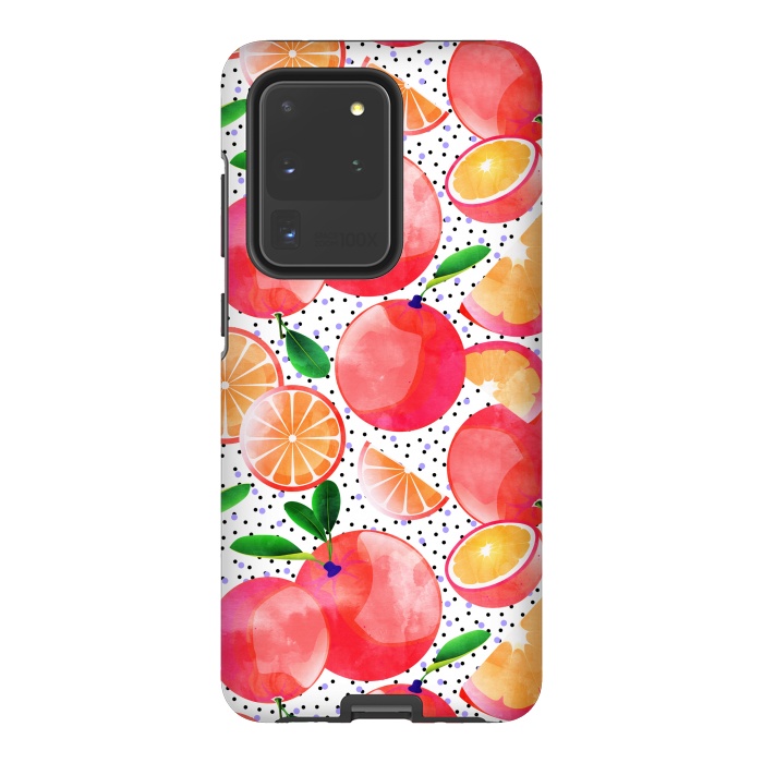 Galaxy S20 Ultra StrongFit Citrus Tropical | Juicy Fruits Polka Dots | Food Orange Grapefruit Pink Watercolor Botanica by Uma Prabhakar Gokhale