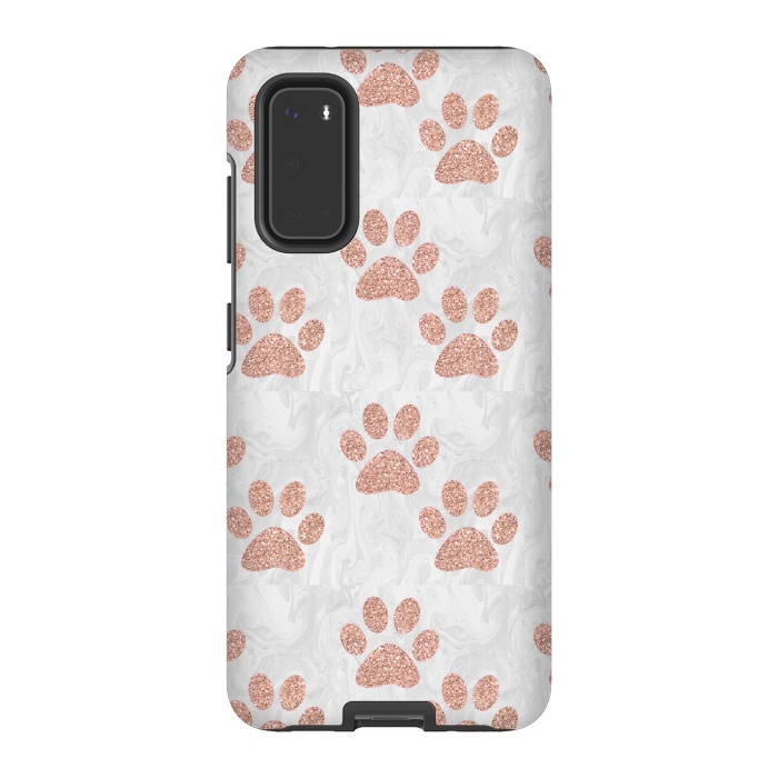 Galaxy S20 StrongFit Rose Gold Paw Prints on Marble by Julie Erin Designs