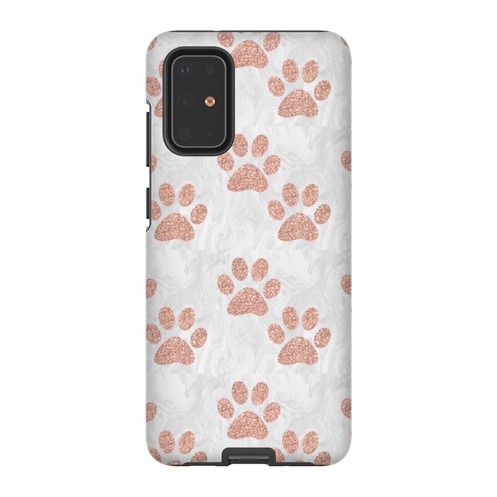 Galaxy S20 Plus StrongFit Rose Gold Paw Prints on Marble by Julie Erin Designs