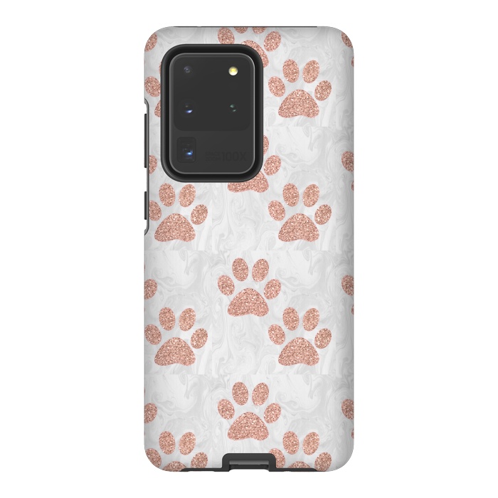 Galaxy S20 Ultra StrongFit Rose Gold Paw Prints on Marble by Julie Erin Designs